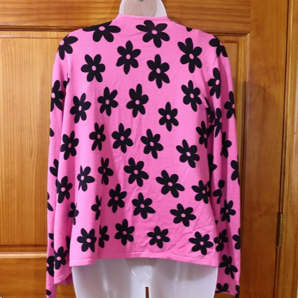 Joseph A. Qu'est Ce Bright Pink with Black Daisy Print Cardigan Sweater & Shell